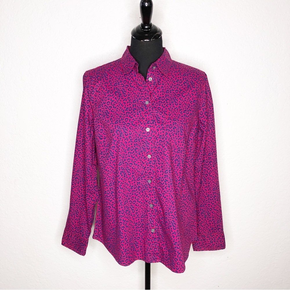 J Crew hot pink blue leopard animal print button down top size Large NWT